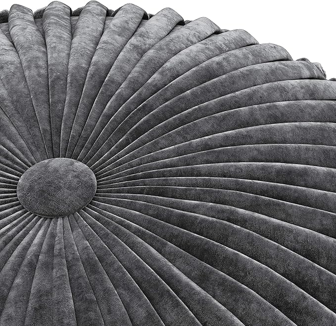 SIMPLIHOME Renee Round Pouf - 20 inch Wide Upholstered Velvet Ottoman in Slate Grey, Boho Footstool or Extra Seating for Living Room or Bedroom with Button-Tufted Pleated Design, Assembled