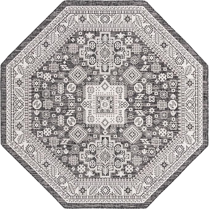 Rugs.com Outdoor Aztec Collection Rug – 8 Ft Octagon Charcoal Gray Flatweave Rug Perfect for Living Rooms, Kitchens, Entryways