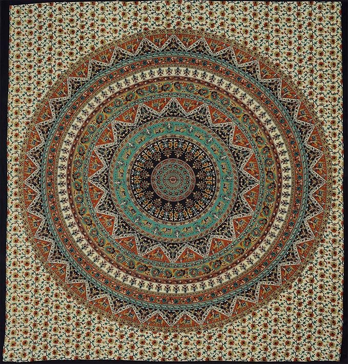 Popular Handicrafts Wall Hanging Tapestry For Bedroom Hippie Mandala Bohemian Psychedelic Intricate Floral Design Indian Bedspread Magical Thinking Tapestry 84x54 Inches,(215x140cms) Green Orange