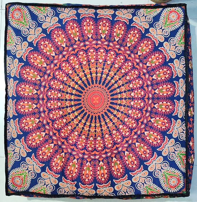 CRAFT KALA Mandala Floor Pillow Cushion Cover Seating Throw Cover Hippie Decorative Bohemian Ottoman Poufs Pom Pom Pillow Cases Boho Indian Cotton Living Room Yoga Home Décor 35" Square, Multi Peacock