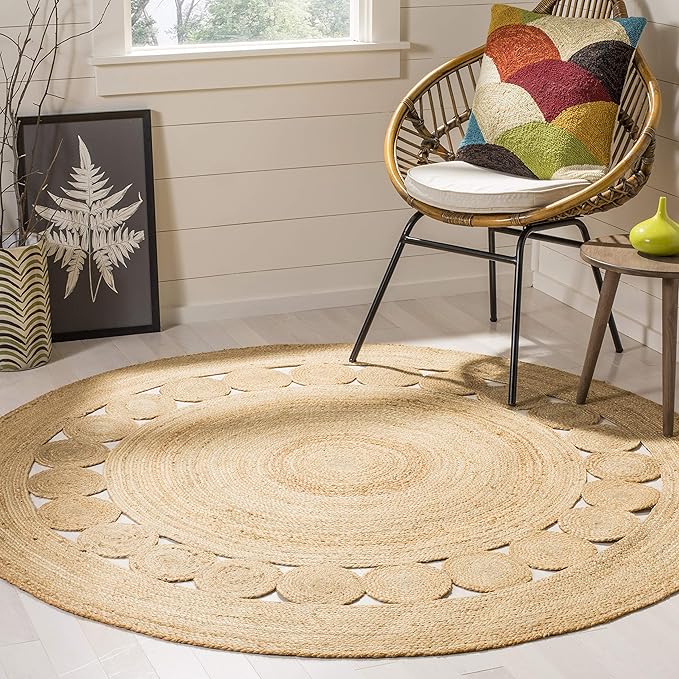 SAFAVIEH Area Rug 6' Round - Natural Fiber Collection - Natural Brown, Handmade Jute, Boho Farmhouse Braided Design (NF364A)