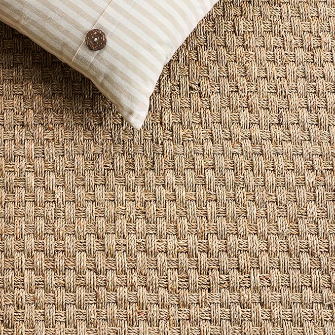 SAFAVIEH Natural Fiber Collection Runner Rug - 2'6" x 18', Natural & Blue, Seagrass, Basketweave Pattern with Border (NF114E)