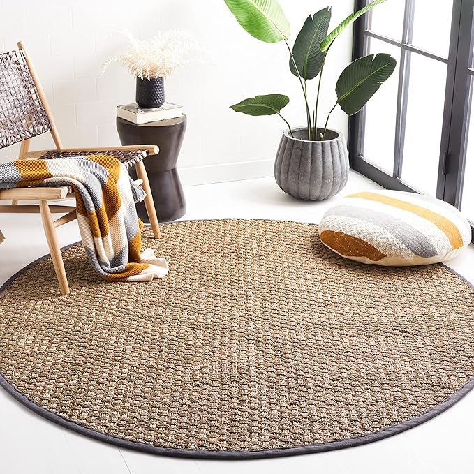 SAFAVIEH Area Rug 10' Round - Natural Fiber Collection - Large - Natural & Dark Grey, Seagrass, Basketweave Pattern with Border (NF114Q)
