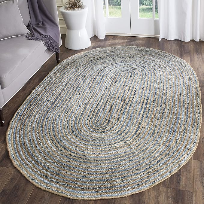SAFAVIEH Cape Cod Collection Area Rug - 3' x 5' Oval, Natural & Blue, Handmade Flat Weave Jute, Ideal for High Traffic Areas in Living Room, Bedroom (CAP250A)