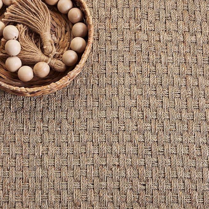 SAFAVIEH Area Rug 10' Square - Natural Fiber Collection - Large - Natural & Grey, Seagrass, Basketweave Pattern with Border (NF114P)