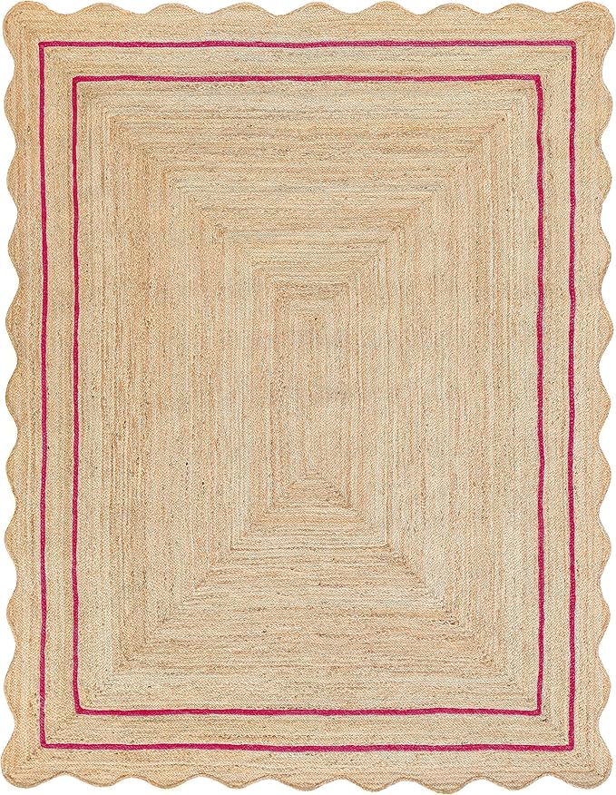 Wave Scalloped Natural Jute Rug Boho Jute Rug Entryway Runner Rug Farmhouse Scallop Rug, Dark Pink (9'x12')