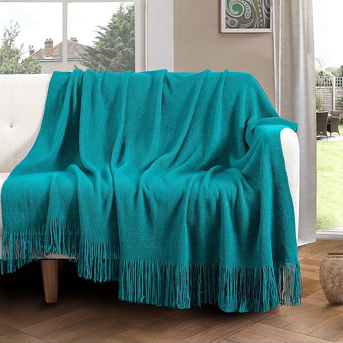 Vonty Teal Knitted Blanket with Tassels Fringe 50" x 60", Super Soft Knit Throw Blanket, Farmhouse Decorative Lightweight Blanket for Couch, Sofa, Bed
