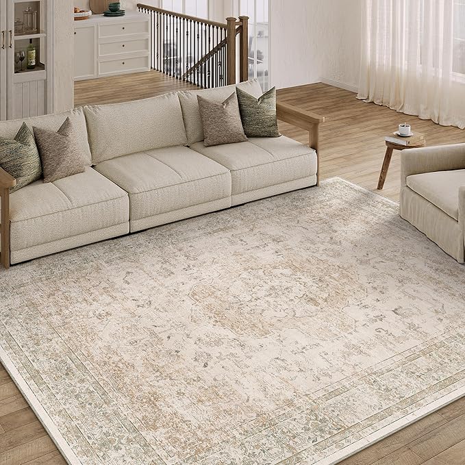 5x8 Washable Area Rug Beige Vintage Distressed Living Room Carpet for Office Oriental Soft Thin Indoor Retro Non Slip Low Pile Floor Cover for Ding Room Bedroom Laundry Dorm