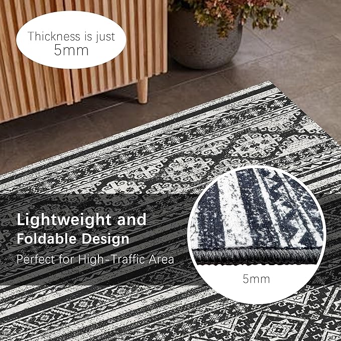 RUGSURE Washable Area Rugs 2'6'' x 8' - 1/6 Thick - Moroccan-Inspired -Stain & Water Resistant Non-Slip - Resistant Rug for Living Room, Bedroom, Nursery, Pet & Child Friendly (Black)