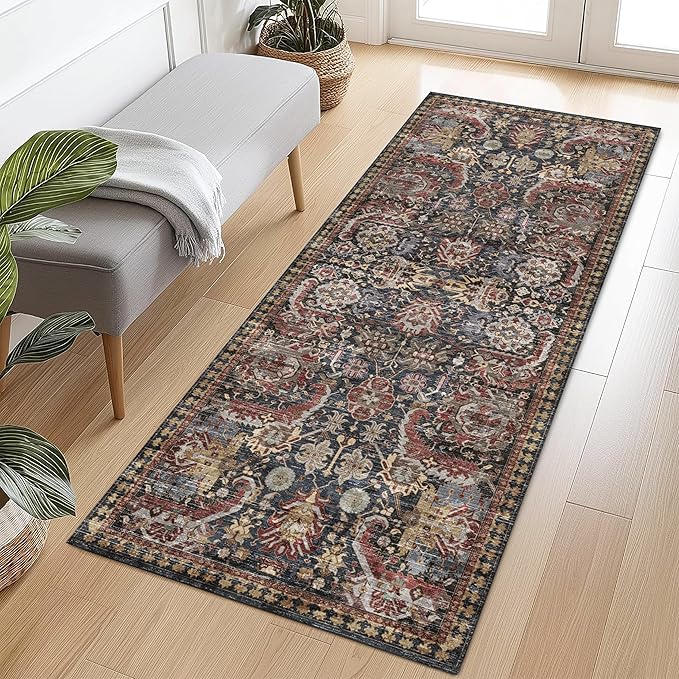RUGSURE Washable Area Rugs - Perfect for Living Room, Bedroom, Kids Room, Nursery - Stain & Water Resistant Non-Slip, Pet & Child Friendly, Vintage Tribal Area Rugs (Rust, 2'6'' x 8')