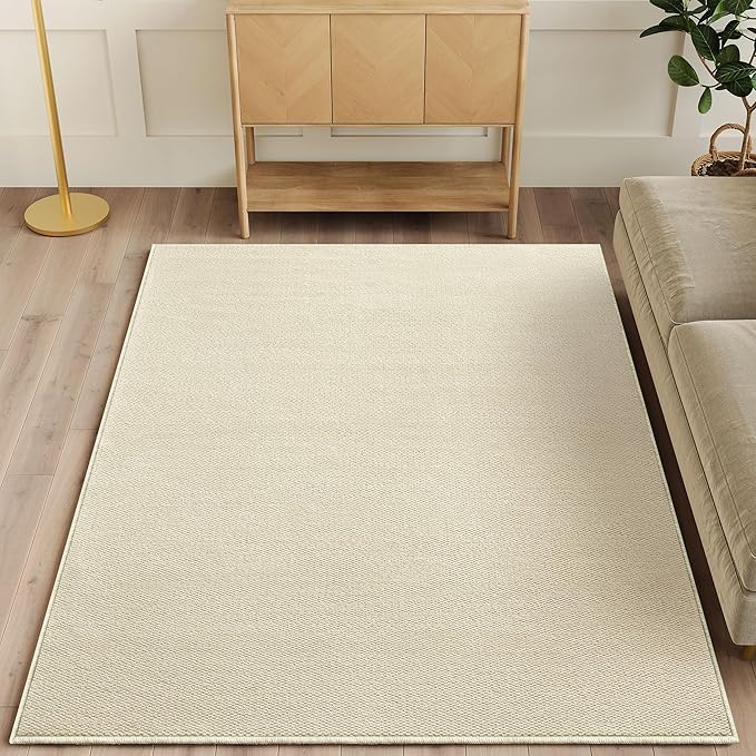 Faux Jute Non-Slip Area Rug, 4x6 Washable Pet-Friendly Floor Mat for Living Room, Bedroom, Entryway, Machine Woven Durable Scratch Resistant Carpet, Cream Beige