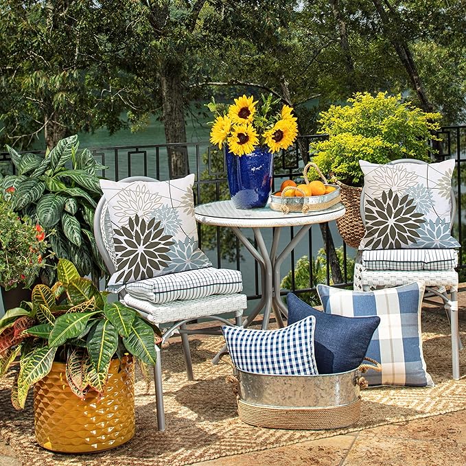 Brown Blue Flower Pillow Covers 16x16 Inch Set of 2 Summer Outdoor Waterproof Decor for Home Patio Funiture Garden Living Room Modern Art Floral Polyester Square Cushion Cover 01F16