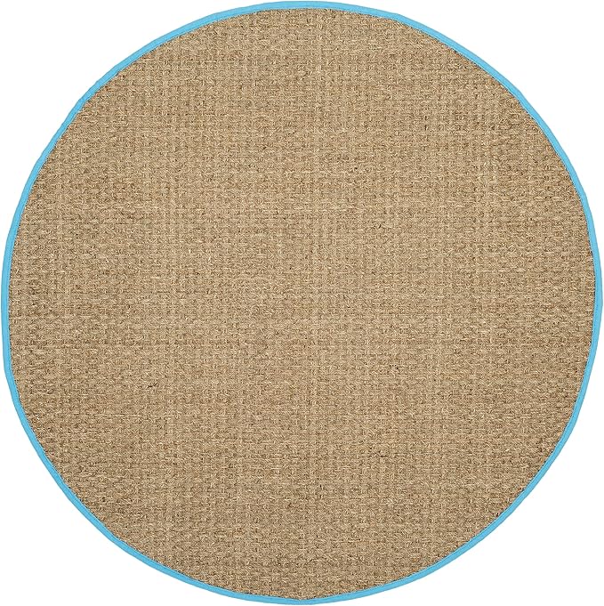 SAFAVIEH Area Rug 6' Round - Natural Fiber Collection - Natural & Turquoise, Seagrass, Basketweave Pattern with Border (NF114S)