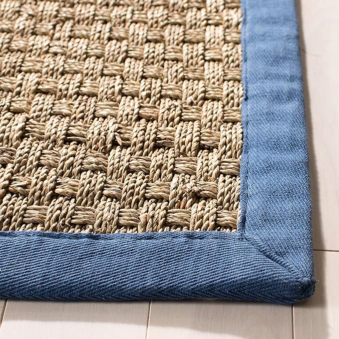 SAFAVIEH Natural Fiber Collection Runner Rug - 2'6" x 6', Natural & Navy, Seagrass, Basketweave Pattern with Border (NF114T)