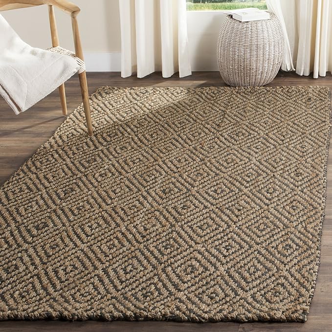 SAFAVIEH Natural Fiber Collection Area Rug - 4' Square, Natural & Grey, Handmade Jute, Ideal for High Traffic Areas in Living Room, Bedroom (NF181D)
