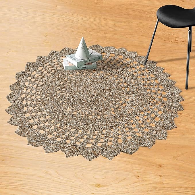 Jute Hand Crochet Rug, Natural/Spa Grey - 3 Feet Round, Non Slip Decorative Accent Floor Rugs for Entryway, Kitchen, Living Room, Nursery | Farmhouse Small Scalloped Rustic Door Mat for Patio Décor