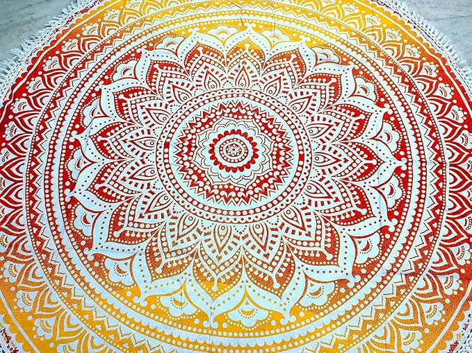 Round Beach Tapestry Turquoise Mandala Throw/Boho Hippie Beach Blanket Roundie/Indian Cotton Bohemian Large Round Table Cloth-Home Decor/Yoga Mat Meditation Picnic Rug (42", Yellow-Orange)