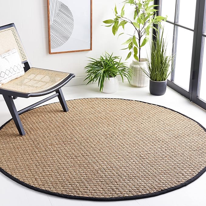 Safavieh Area Rug 3' Round - Natural Fiber Collection - Natural & Black, Seagrass, Basketweave Pattern with Border (NF114C)