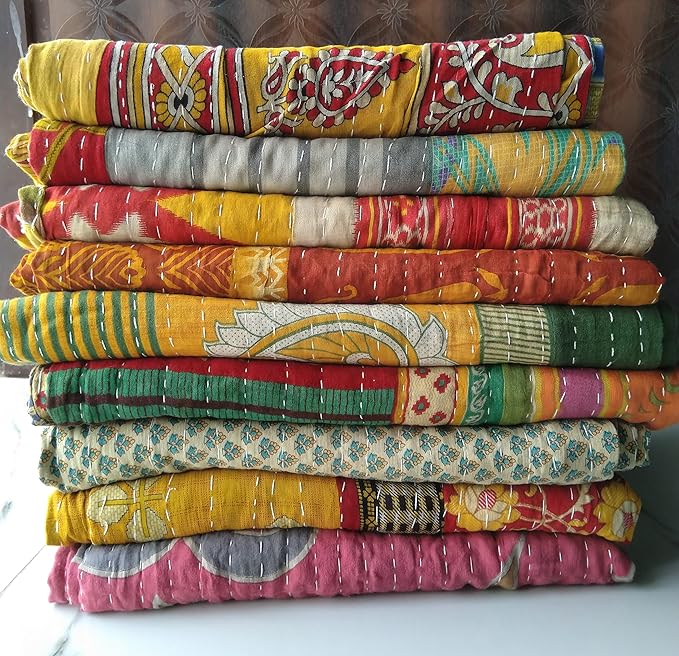 Indian Wholesale Handmade Cotton Kantha Quilts Vintage Bed Cover Throw Blanket Reversible Tribal Boho Bedding Bedspread Twin Size 54x84 Inches Multicolor Patchwork