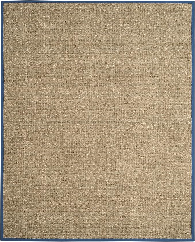 SAFAVIEH Area Rug 9x12 - Natural Fiber Collection - Large - Natural & Navy, Seagrass, Basketweave Pattern with Border (NF114T)