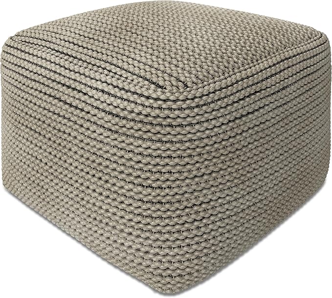 SIMPLIHOME Eastmont Square Pouf - 18 inch Wide Handwoven PET Polyester Ottoman in Cream, Boho Indoor/Outdoor Footstool or Extra Seating for Living Room, Bedroom, or Patio, Assembled