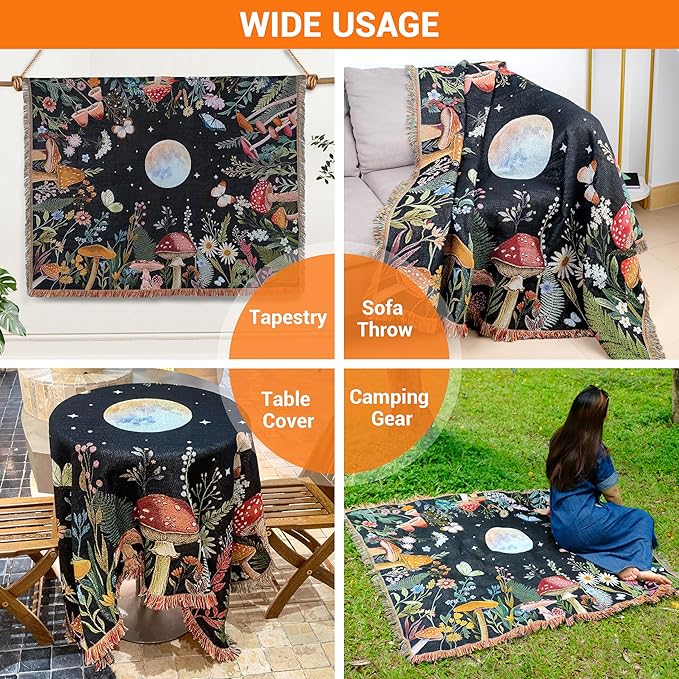 Woven Throw Blanket Moon Plant Boho Chic Decor Reversible Cute Cotton Boho Throw Blanket Witchy Throws Blankets with Tassels Moonlit Garden Blankets Bohemian Room Decor Luxury Christmas Throws 51”x59”