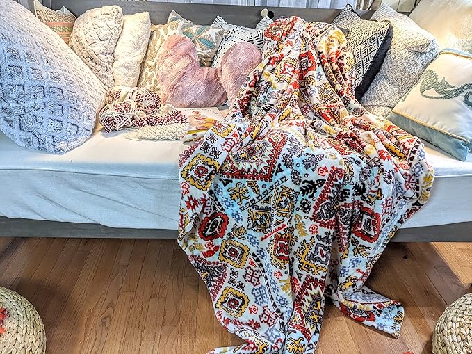 DaDa Bedding Bohemian Southwestern Mink Fleece Throw Blanket - Lightweight Cozy Farmhouse Aztec Havana Geometric Abstract Soft Warm Fall Decor - Yellow & Red - 63" x 90"