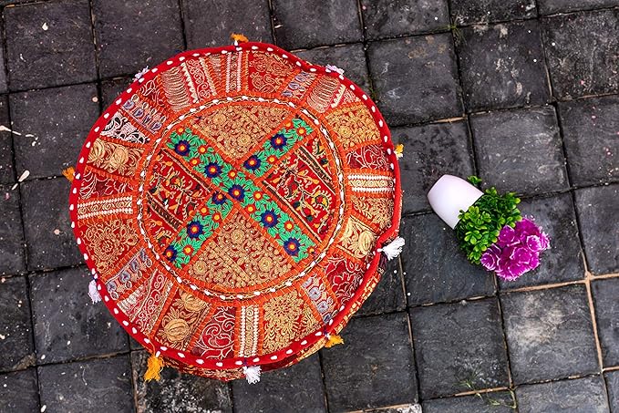 THE ART BOX Cotton Patchwork Vintage Boho Embroidered Bean Bag Seating Pouf Covers Ottoman Kids Stool Decorative Chair Boho Home Décor (14x22 Inches, Cover Only)