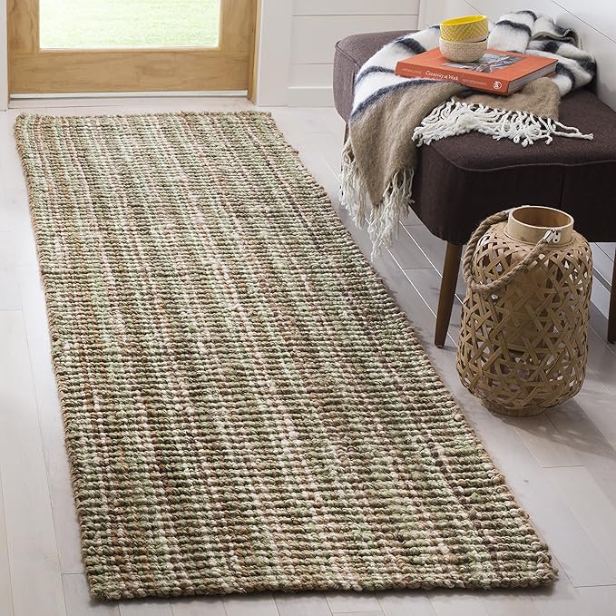 SAFAVIEH Natural Fiber Collection Runner Rug - 2'6" x 12', Sage & Natural Brown, Handmade Jute, Farmhouse Style, Chunky Textured Thick Pile (NF447S)