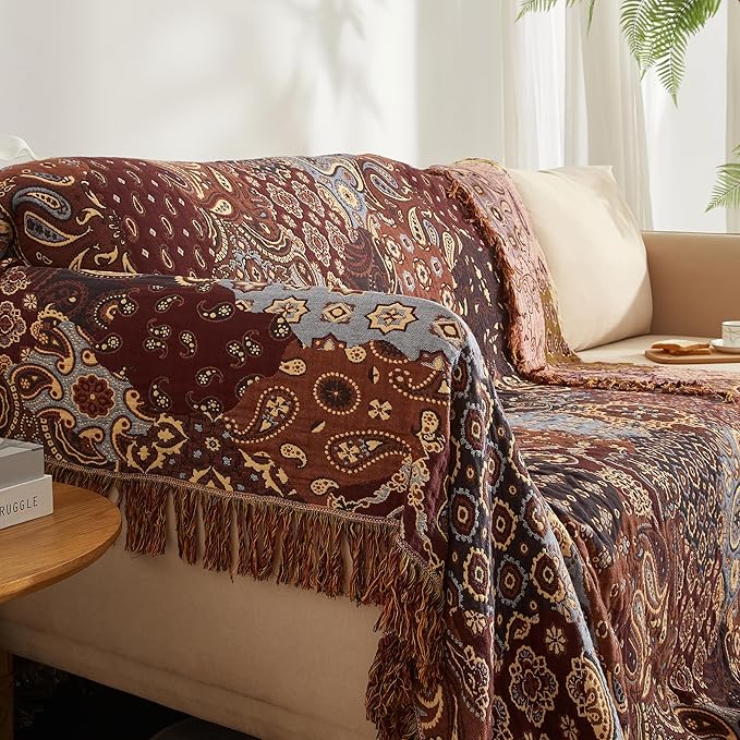 Boho Throw Blanket for Bed 90”x98”, 100% Cotton Woven Blanket for Couch Sofa, Ultra Soft 4-Layer Muslin Quilt with Floral Printed, Farmhouse Bed Blanket/Cover for Living Room Decor
