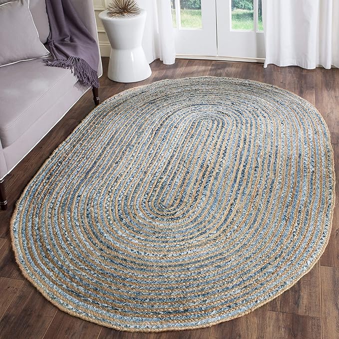 SAFAVIEH Cape Cod Collection Area Rug - 9' x 12' Oval, Natural & Blue, Handmade Flat Weave Jute, Ideal for High Traffic Areas in Living Room, Bedroom (CAP250A)