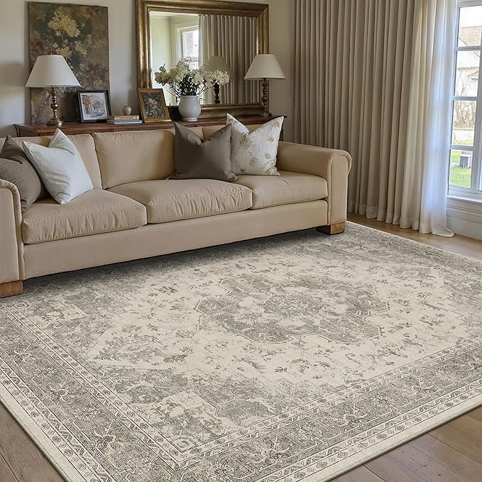 5x7 Washable Area Rug Beige Grey Vintage Distressed Rug for Office Oriental Soft Thin Indoor Retro Gray Carpet Non Slip Low Pile Floor Cover for Living Ding Room Bedroom Laundry Dorm