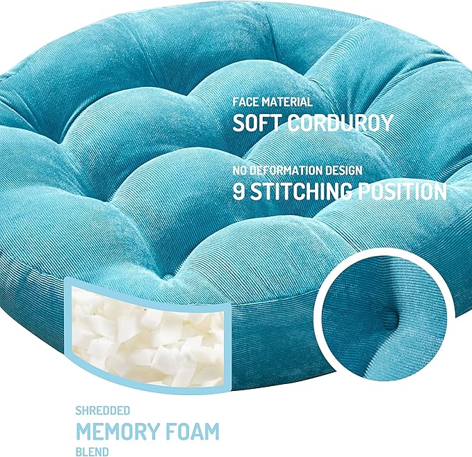Meditation Floor Pillow Set of 2, Round Large Pillows Seating for Adults, Tufted Corduroy Thick Cushion for Living Room Tatami, Turquoise, 22 Inch'2 Count (Pack of 1)