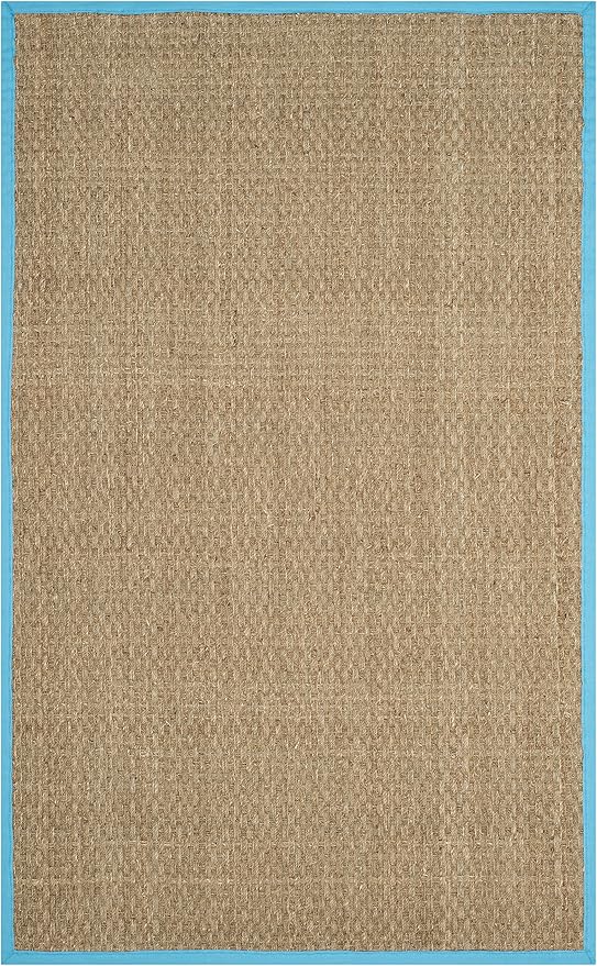 SAFAVIEH Area Rug 5x8 - Natural Fiber Collection - Natural & Turquoise, Seagrass, Basketweave Pattern with Border (NF114S)
