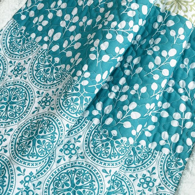 Lush Decor Bohemian Stripe Sherpa Throw Blanket, 50" W x 60" L, Blue & Green - Bold Colorful Boho Stripe Design - Quilted Print - Soft Sherpa Blanket For Bed, Couch, Or Chair