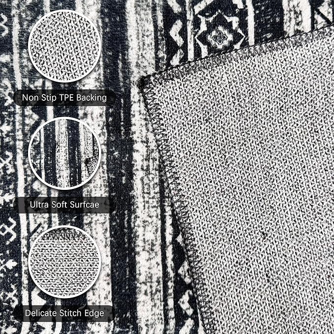 RUGSURE Washable Area Rugs 6' x 9' - 1/6 Thick - Moroccan-Inspired -Stain & Water Resistant Non-Slip - Resistant Rug for Living Room, Bedroom, Nursery, Pet & Child Friendly (Black)