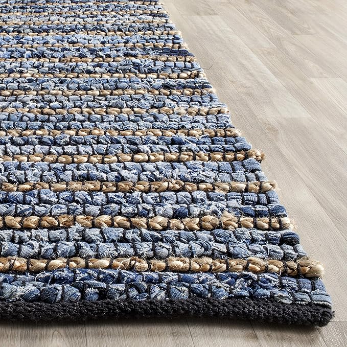SAFAVIEH Cape Cod Collection Area Rug - 4' Square, Blue & Natural, Handmade Flat Weave Braided Jute & Cotton, Ideal for High Traffic Areas in Living Room, Bedroom (CAP363A)
