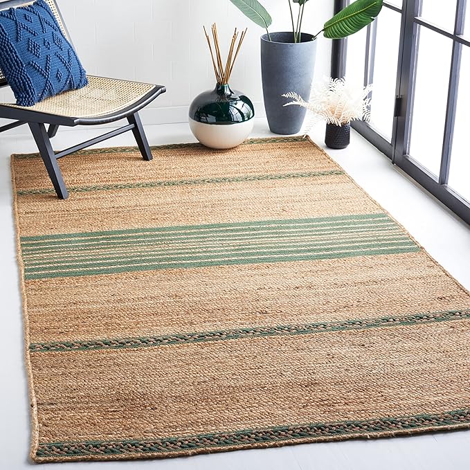SAFAVIEH Natural Fiber Collection Accent Rug - 4' x 6', Natural & Green, Handmade Stripe Boho Farmhouse Rustic Braided Jute, Ideal for High Traffic Areas in Entryway, Living Room, Bedroom (NFB262Y)