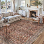 HUGEAR Area Rug 6x9 Vintage Brick Red Machine Washable Living Room Rugs Distressed Retro Floral Vacuumable Low Pile Carpet Bedroom Office Dining Room Laundry Room Non Slip Soft Lightweight