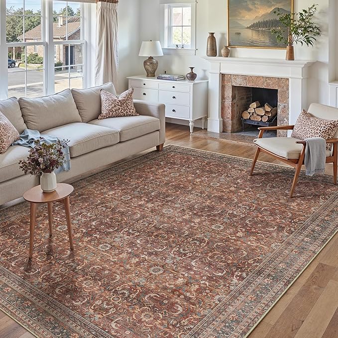 HUGEAR Area Rug 6x9 Vintage Brick Red Machine Washable Living Room Rugs Distressed Retro Floral Vacuumable Low Pile Carpet Bedroom Office Dining Room Laundry Room Non Slip Soft Lightweight