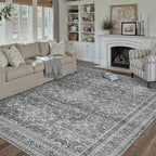 HUGEAR Area Rug 8x10 Vintage Grey Machine Washable Living Room Rugs Distressed Retro Floral Vacuumable Low Pile Carpet Bedroom Office Dining Room Laundry Room Non Slip Soft Lightweight