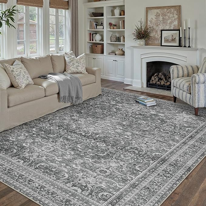HUGEAR Area Rug 8x10 Vintage Grey Machine Washable Living Room Rugs Distressed Retro Floral Vacuumable Low Pile Carpet Bedroom Office Dining Room Laundry Room Non Slip Soft Lightweight
