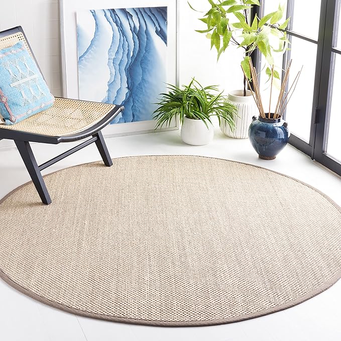 SAFAVIEH Area Rug 11' Round - Natural Fiber Collection - Marble & Khaki, Sisal, Woven Design with Border (NF143E)