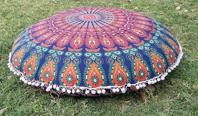 INDIAN CRAFT CASTLE ICC 32 Inch Floor Pillows & Cushion Covers Decorative Hippie Mandala Pouf Pillow Covers Seating Meditation Cushion Cover Bohemian Large Boho Ottoman Case Pillowcase Couch Round
