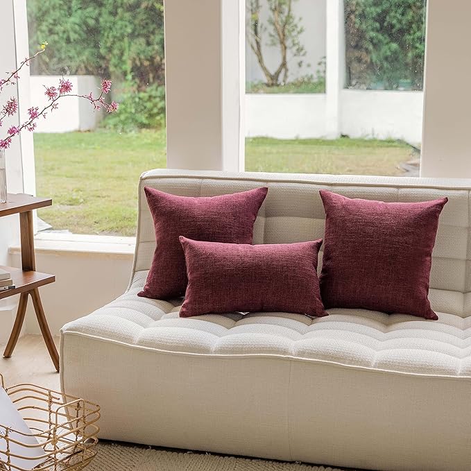 Home Brilliant Decorative Pillow Covers 18 x 18 Set of 4 Wine Red Vintage Lined Linen Throw Pillow Cases Durable Pillow Covers for Sofa Couch and Living Room, 18x18 Inch, Wine Red