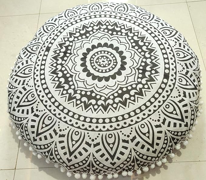 INDIAN CRAFT CASTLE 24" Grey Ombre Mandala Barmeri Large Floor Pillow Cover Cushion Meditation Seating Ottoman Throw Cover Hippie Decorative Zipped Bohemian Pouf Ottoman Pom Pom Cases 24" Round