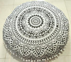 INDIAN CRAFT CASTLE 24" Grey Ombre Mandala Barmeri Large Floor Pillow Cover Cushion Meditation Seating Ottoman Throw Cover Hippie Decorative Zipped Bohemian Pouf Ottoman Pom Pom Cases 24" Round