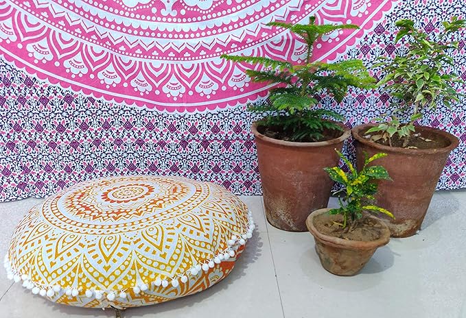 CRAFT KALA Mandala Floor Pillow Cushion Cover Seating Throw Cover Hippie Decorative Bohemian Ottoman Poufs Pom Pom Pillow Cases Boho Indian Cotton Living Room Yoga Home Décor (24" Round, Yellow Ombre)