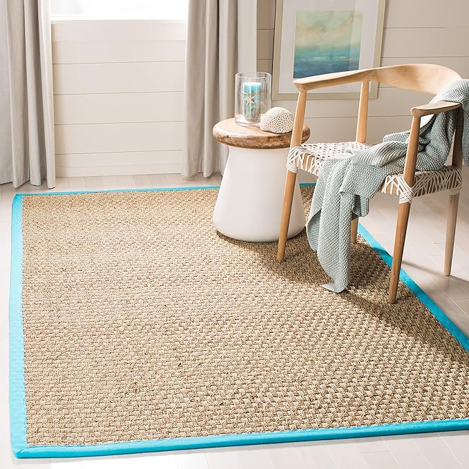 SAFAVIEH Area Rug 3x5 - Natural Fiber Collection - Natural & Turquoise, Seagrass, Basketweave Pattern with Border (NF114S)
