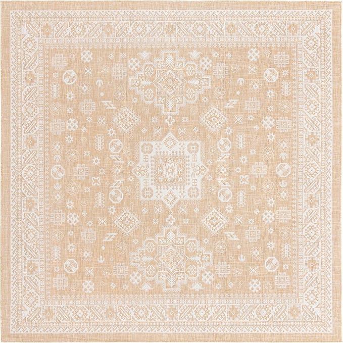 Rugs.com Outdoor Aztec Collection Rug – 10 Ft Square Natural Flatweave Rug Perfect for Living Rooms, Kitchens, Entryways